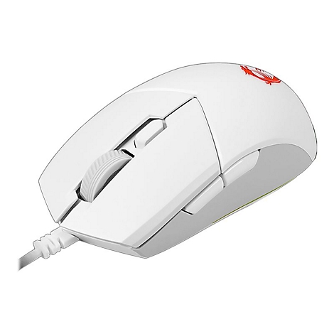 Weiße Gaming-Maus mit rotem Logo. Klickrad und Seitentasten. Kabelanschluss unten.