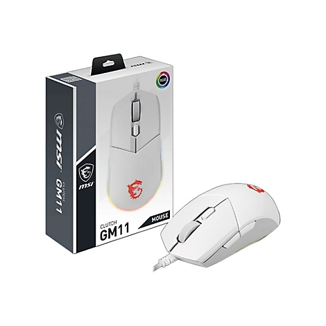 Weisse Gaming-Maus und Verpackung. Auf der Maus und der Verpackung ist das MSI-Logo abgebildet. RGB-Beleuchtung.