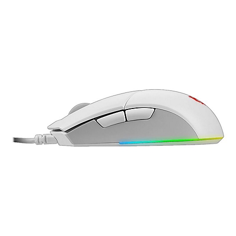 Weisse Gaming-Maus mit grauen Akzenten und mehrfarbiger LED-Beleuchtung.