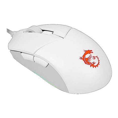 Weisse Gaming-Maus mit Dragon-Logo. Obere Tasten, Scrollrad und seitliche Zusatztasten. Auf weißem Grund.