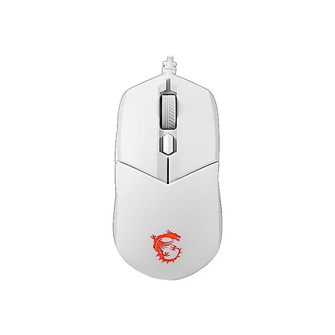 Weisse Gaming-Maus mit rotem Drachenlogo. Sichtbar: Scrollrad, Maustasten.