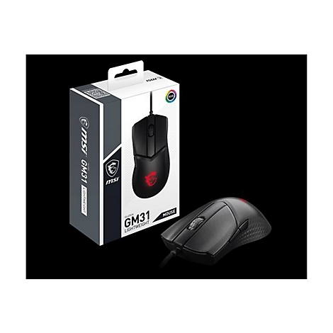 Schwarze Gaming-Maus, neben Produktverpackung. Die Verpackung zeigt ebenfalls die Maus und Logos.