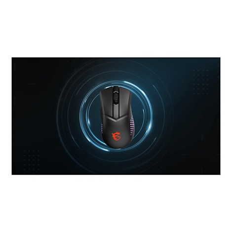 Schwarze MSI Gaming-Maus mit rotem Drachenlogo vor einem blau leuchtenden Lichtkreis auf dunklem Hintergrund.