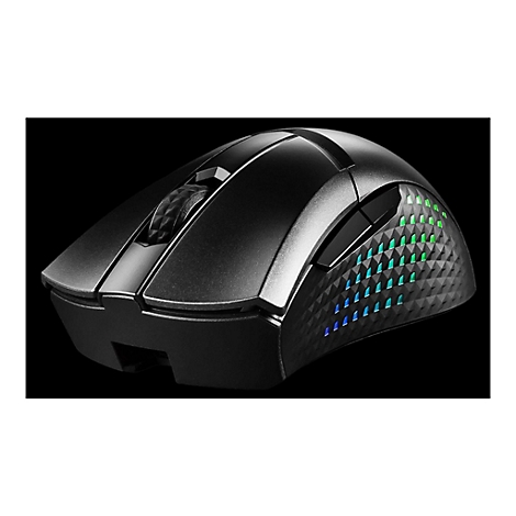 Schwarze Gaming-Maus mit RGB-beleuchtetem, texturiertem Seitenpanel auf schwarzem Hintergrund.