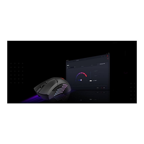 Schwarze Gaming-Maus mit RGB-Beleuchtung und Software-Einstellungsmenü auf einem dunklen Hintergrund.