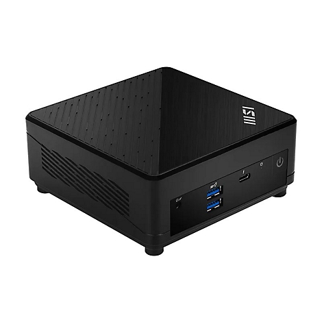 Kompakter schwarzer MSI Mini-PC mit gerippter Oberfläche und Frontanschlüssen auf weißem Hintergrund.