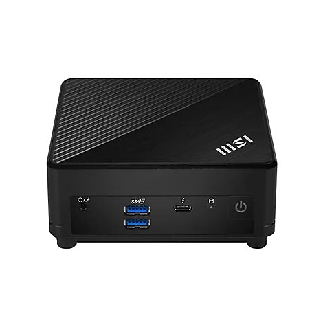 Schwarzer MSI Mini-PC mit Anschlüssen auf der Vorderseite, darunter USB, USB-C und ein Power-Button.