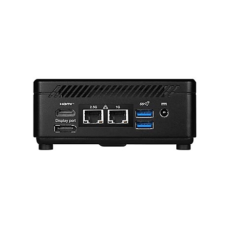 Rückseite eines schwarzen Mini-PCs mit HDMI, DisplayPort, zwei LAN-Anschlüssen, zwei USB-Ports und Stromanschluss.