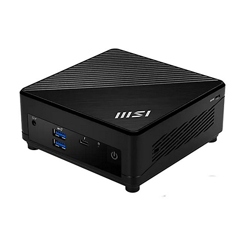 Kompakter schwarzer MSI Mini-PC auf weißem Hintergrund mit USB-Anschlüssen und MSI-Logo.