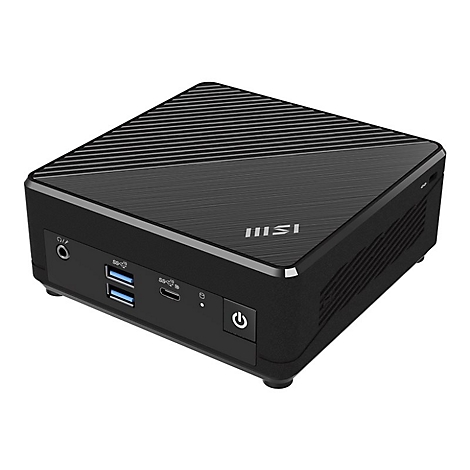 Schwarzer MSI Mini-PC mit gerippter Oberfläche, Anschlüssen und Power-Button auf der Vorderseite.