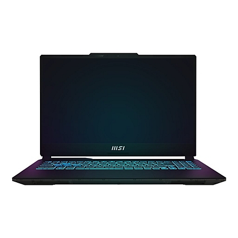 Schwarzes Laptop-Gerät, die Tastatur leuchtet blau und grün. Der Bildschirm ist dunkel.