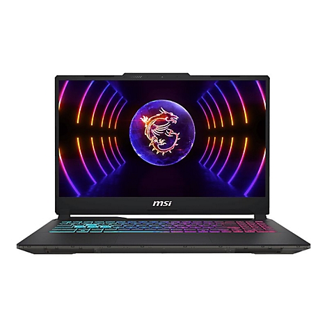 Schwarzer Laptop, Display zeigt ein Drachenlogo und farbige Lichteffekte. Tastatur mit farbiger Beleuchtung, MSI Logo.