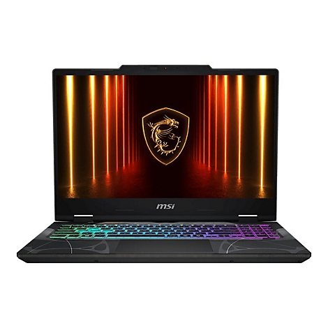 Schwarzer Laptop, beleuchtete Tastatur, MSI-Logo, Drachen-Grafik auf dem Bildschirm.