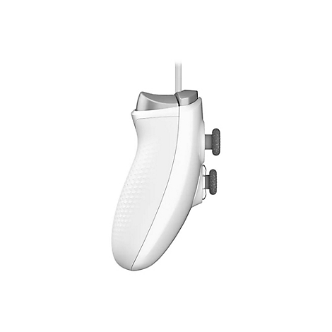 Seitenansicht eines weißen Controllers mit strukturiertem Griff und grauen Tasten vor weißem Hintergrund.