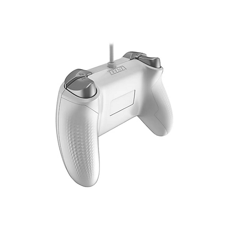 Weißer MSI-Gaming-Controller, Rückseite mit grauen Schultertasten und Kabel, vor weißem Hintergrund.