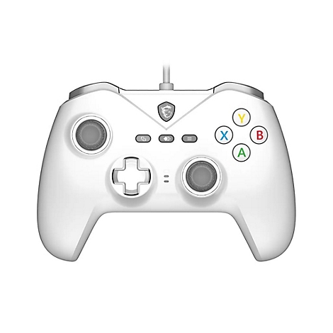 Weißer MSI Gaming-Controller mit farbigen A, B, X, Y-Tasten, Steuerkreuz und zwei Analogsticks.
