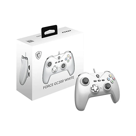 Weißer MSI Force GC200 Kabel-Controller vor seiner weißen Produktverpackung.