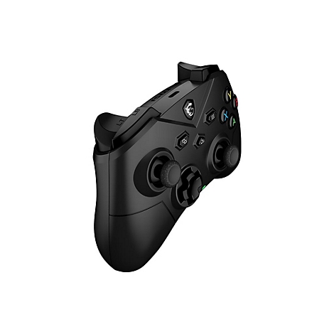 Schwarzer Game-Controller, Knöpfe farblich markiert. Zwei Analogsticks, Richtungskreuz, Schultertasten.