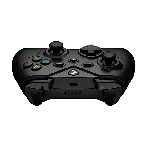 Schwarzer Gamecontroller mit bunten Knöpfen und Logo, isoliert auf weißem Hintergrund.