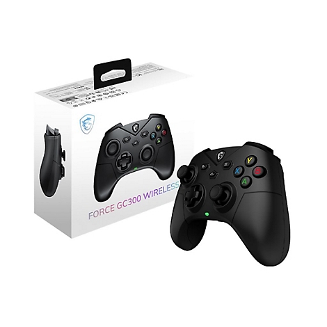 Schwarzer Gamecontroller, neben der Verpackung. Auf der Verpackung steht "FORCE GC300 WIRELESS".