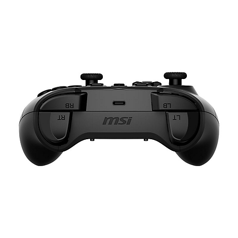 Schwarzer Gamecontroller der Marke MSI, Ansicht von oben mit Buttons und Joysticks. In der Mitte steht MSI.
