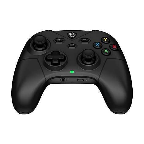 Schwarzer Gaming-Controller mit Knöpfen und Joystick, isoliert auf weißem Hintergrund.