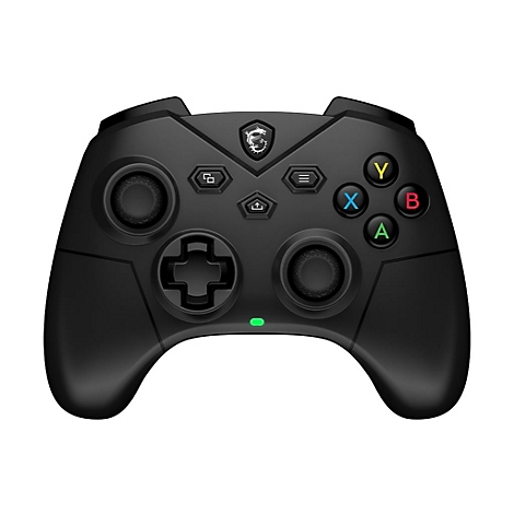 Schwarzer Gamecontroller mit farbigen Knöpfen. Das MSI-Logo ist oben mittig zu sehen.