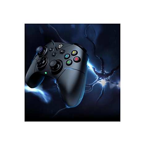 Ein schwarzer Gamecontroller mit farbigen Knöpfen und leuchtenden Elementen, vor dunklem Hintergrund.