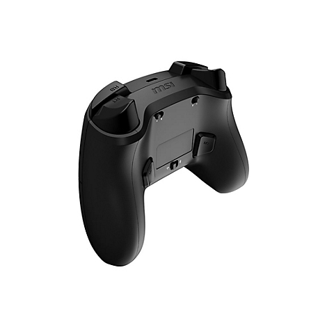 Rückseite eines schwarzen MSI Gaming-Controllers mit gut sichtbaren Tasten und Firmenlogo auf weißem Hintergrund.