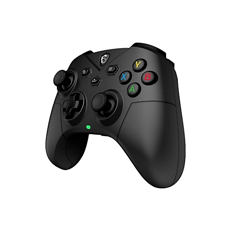 Schwarzer MSI Gamecontroller mit farbigen A, B, X, Y-Tasten und grün leuchtender Statusanzeige auf weißem Grund.