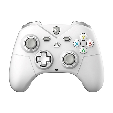 Weißer Gaming-Controller mit farbigen Aktionstasten, MSI-Logo oben in der Mitte und symmetrischem Layout.