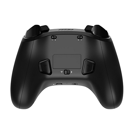 Rückseite eines schwarzen MSI-Gamecontrollers mit zwei zusätzlichen Tasten, Umschalter für Verbindung und MSI-Logo.