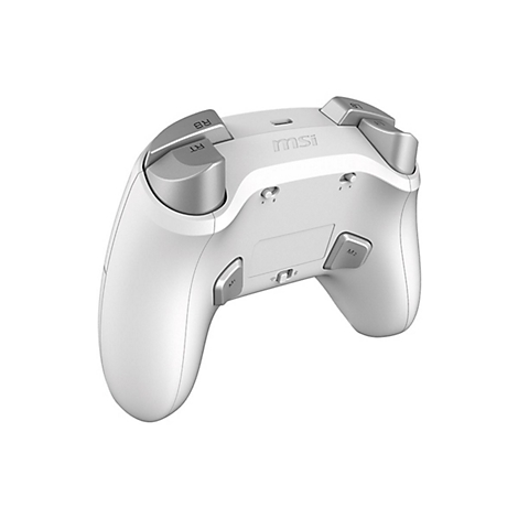 Rückseite eines weißen MSI Gaming-Controllers mit silbernen Tasten vor weißem Hintergrund.