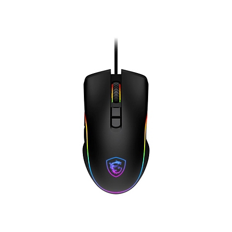 Schwarze Gaming-Maus mit Regenbogenfarben. Der Maus-Hersteller ist MSI.