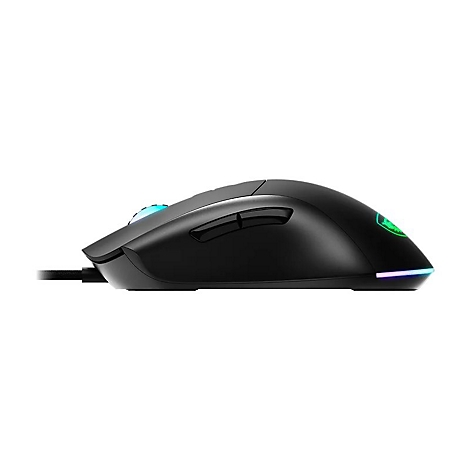 Schwarze Gaming-Maus in Seitenansicht mit leuchtendem Mausrad und RGB-Leuchtstreifen am Heck.