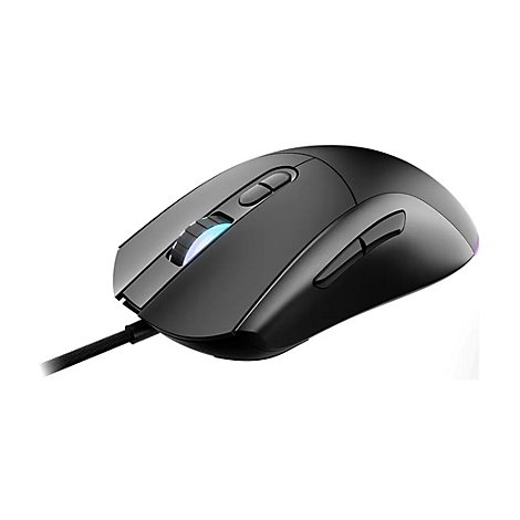 Schwarze, ergonomische Gaming-Maus mit leuchtendem Mausrad vor weißem Hintergrund.