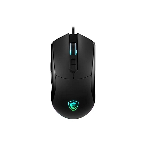 Schwarze Gaming-Maus mit RGB-beleuchtetem MSI-Drachenlogo und Scrollrad vor weißem Hintergrund.