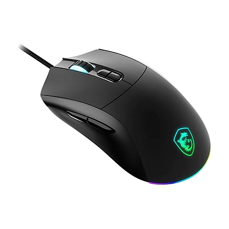 Schwarze MSI Gaming-Maus mit RGB-Beleuchtung und Drachen-Logo auf weißem Hintergrund.