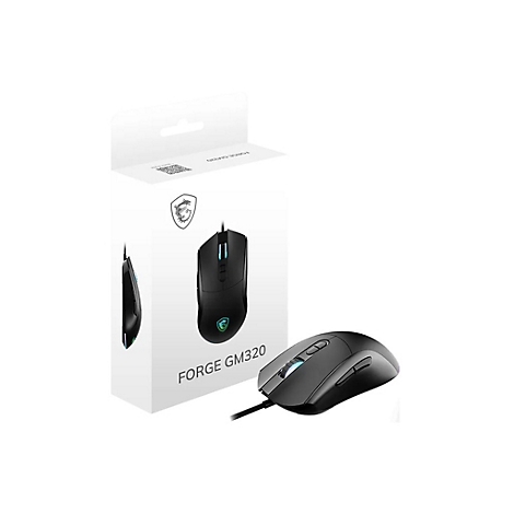 Schwarze MSI Gaming-Maus Forge GM320 mit Kabel vor ihrer weißen Produktverpackung.
