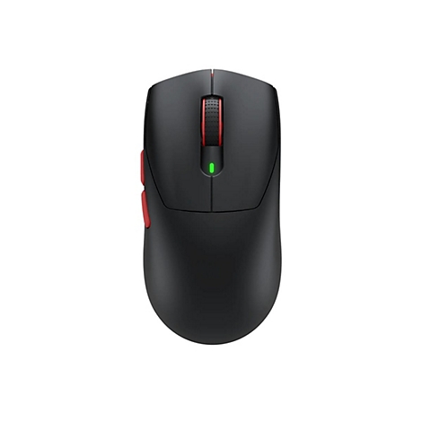 Schwarze kabellose Gaming-Maus in der Draufsicht mit rotem Mausrad, seitlichen Tasten und leuchtend grüner LED.