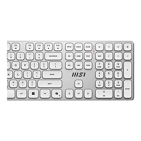 Nahaufnahme einer hellen Computertastatur mit abgerundeten Tasten und silbernem MSI-Logo in der Mitte.