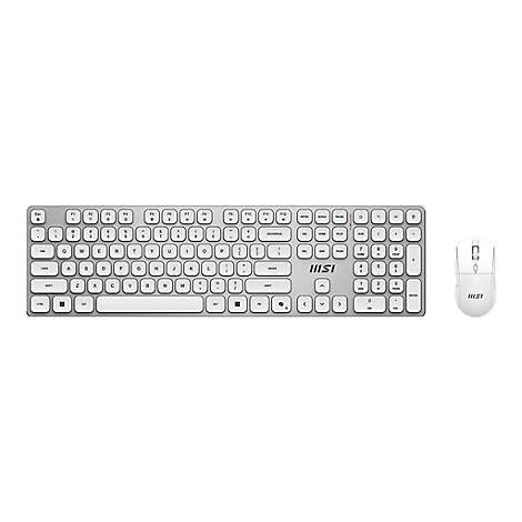 Drahtloses weißes MSI-Tastatur- und Mausset vor weißem Hintergrund.