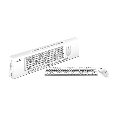 Weißes MSI Forge K210 Wireless Combo Tastatur- und Maus-Set vor der zugehörigen Produktverpackung.