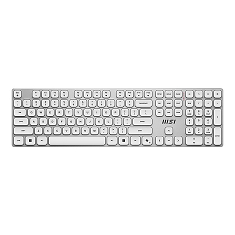 Silberne MSI Tastatur mit flachen Tasten vor weißem Hintergrund.