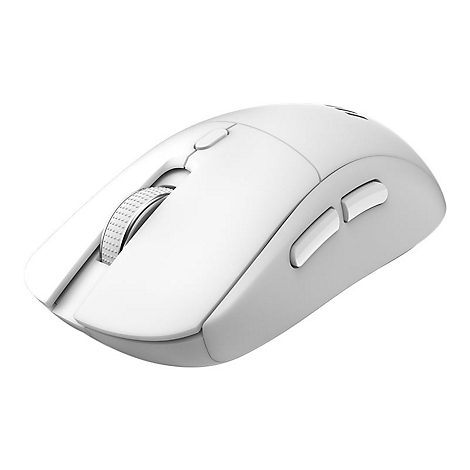 Weiße, kabellose Gaming-Maus mit Mausrad und Seitentasten vor weißem Hintergrund.
