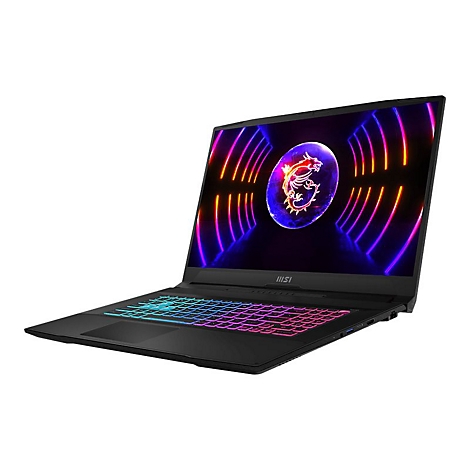 Schwarzer Laptop mit bunten Tasten, geöffnet auf weißem Hintergrund. Auf dem Bildschirm ein Drachenlogo und farbige Muster.