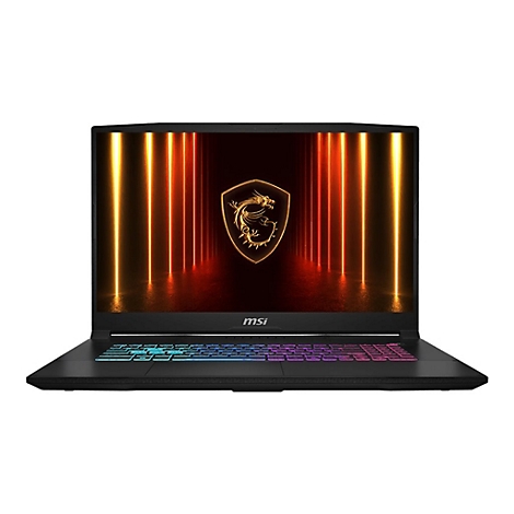 Schwarzes MSI-Laptop mit beleuchteter Tastatur. Der Bildschirm zeigt ein goldfarbenes Drachenlogo.