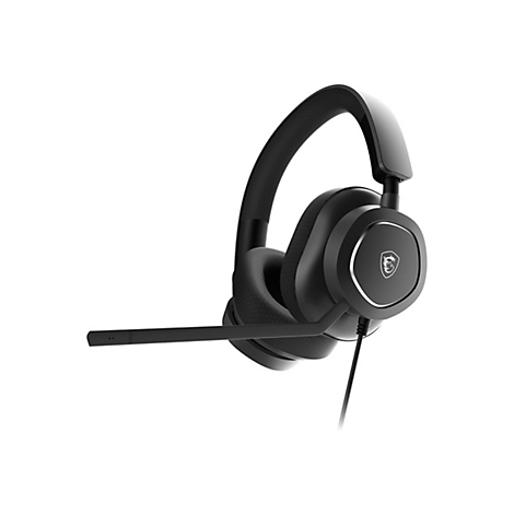 Schwarzes MSI Gaming-Headset mit Bügelmikrofon auf weißem Hintergrund.