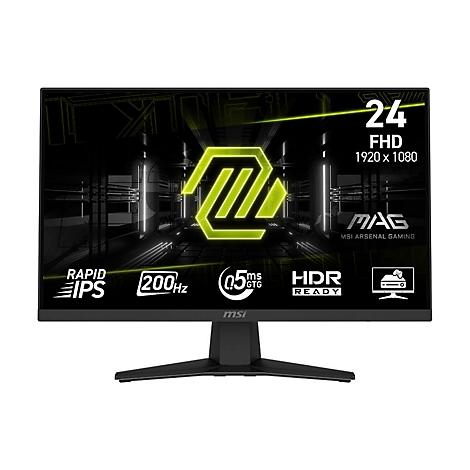 Schwarzer MSI-Monitor mit gelben Details, Spezifikationen und Logo. Aufschrift: 24 FHD 1920x1080, HDR Ready, Rapid IPS, 200Hz.