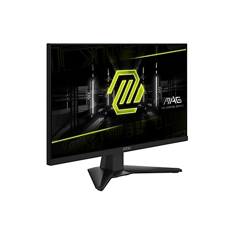 Schwarzer Gaming Monitor mit MSI-Logo, gelben Grafiken und Schriftzug 'MAG' auf dem Bildschirm.